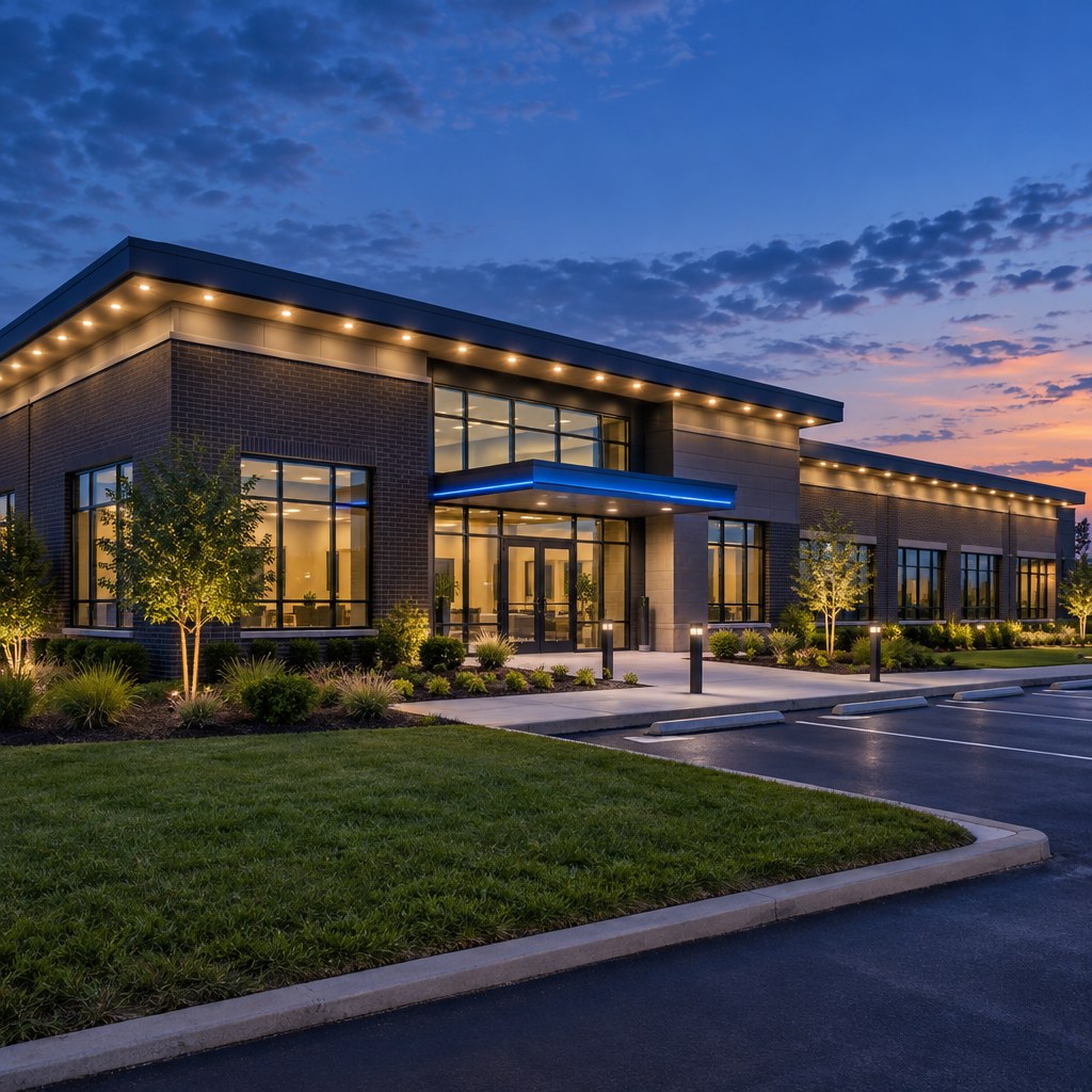 AI illustration of warm-white permanent roofline lighting on a modern commercial building at dusk