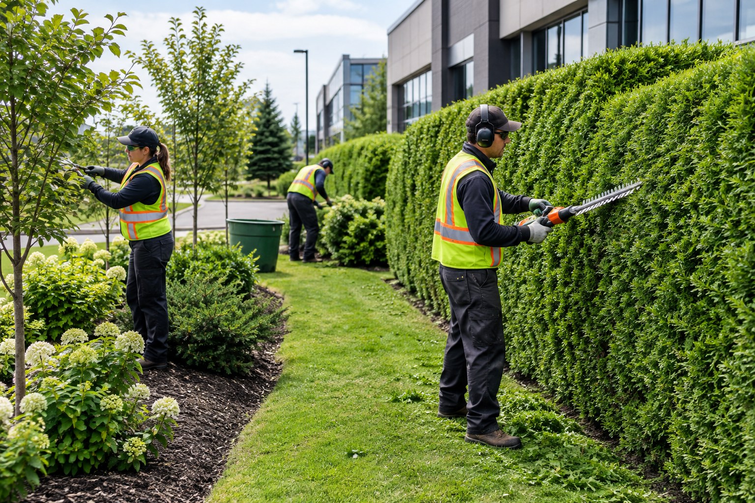 Illustrative tree and hedge maintenance scene
